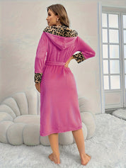Women's Dressing Gown - Hooded with Leopard Print Trim