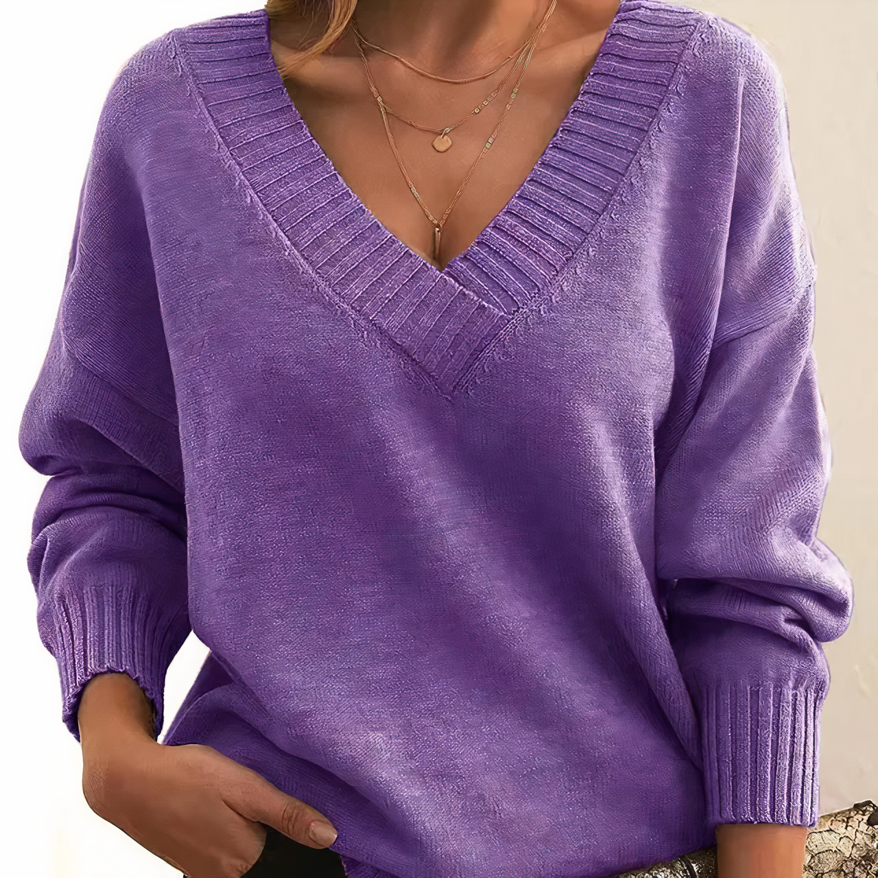 Women's Jumper - V-Neck with Ribbed Cuffs