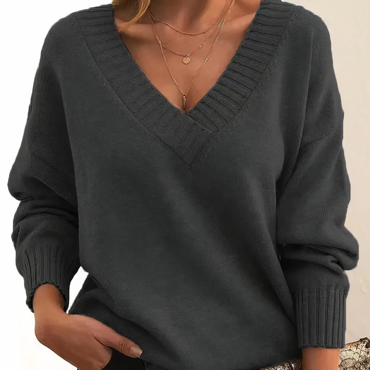 Women's Jumper - V-Neck with Ribbed Cuffs