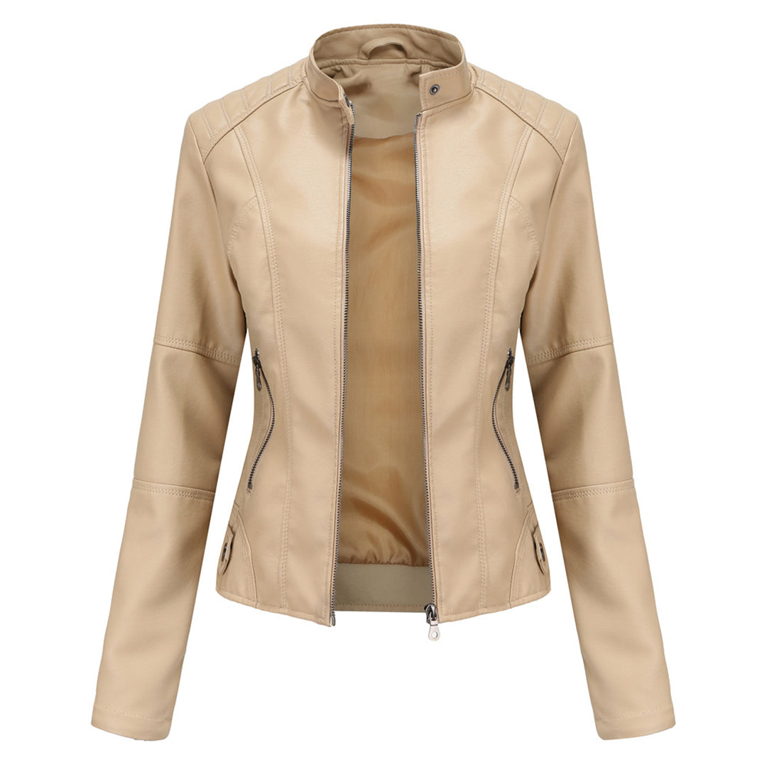 Women's Leather Jacket - Biker Style & Stand-Up Collar Detail