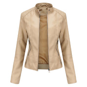 Women's Leather Jacket - Biker Style & Stand-Up Collar Detail