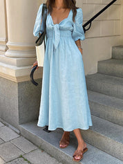 Women's Light Blue Linen Midi Dress - Front Tie Puff Sleeve