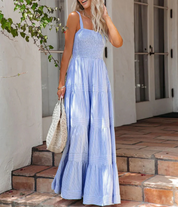 Women's Blue Pinstripe Cami Maxi Dress - Open Back Summer