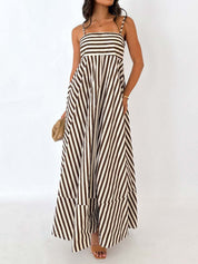 Women's Black Striped Pleated Maxi Sundress - Sleeveless Summer Style