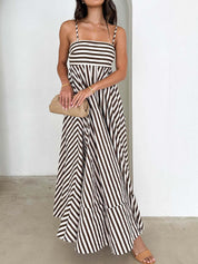 Women's Black Striped Pleated Maxi Sundress - Sleeveless Summer Style