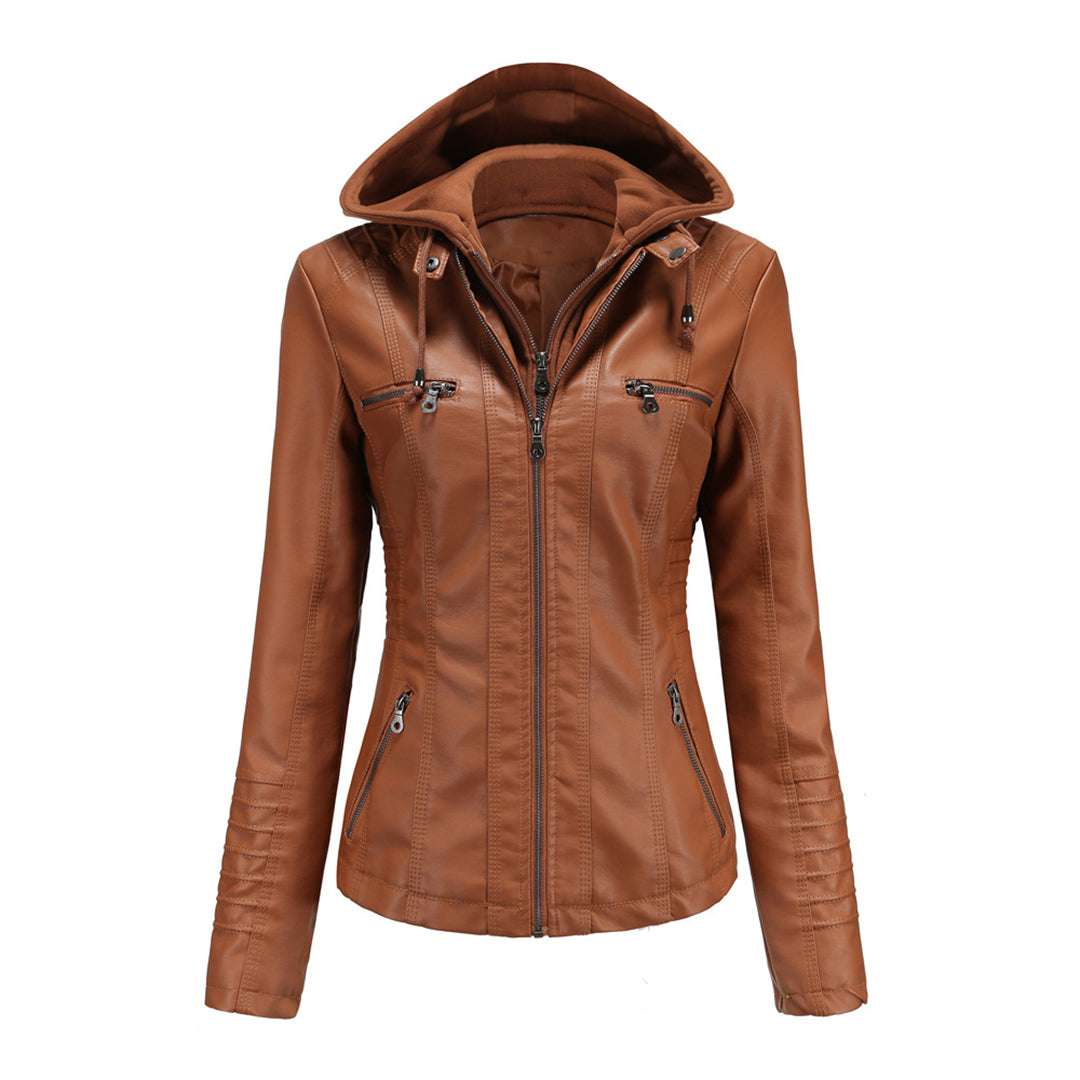Women's Leather Jacket - Hooded & Slim-Fit Style