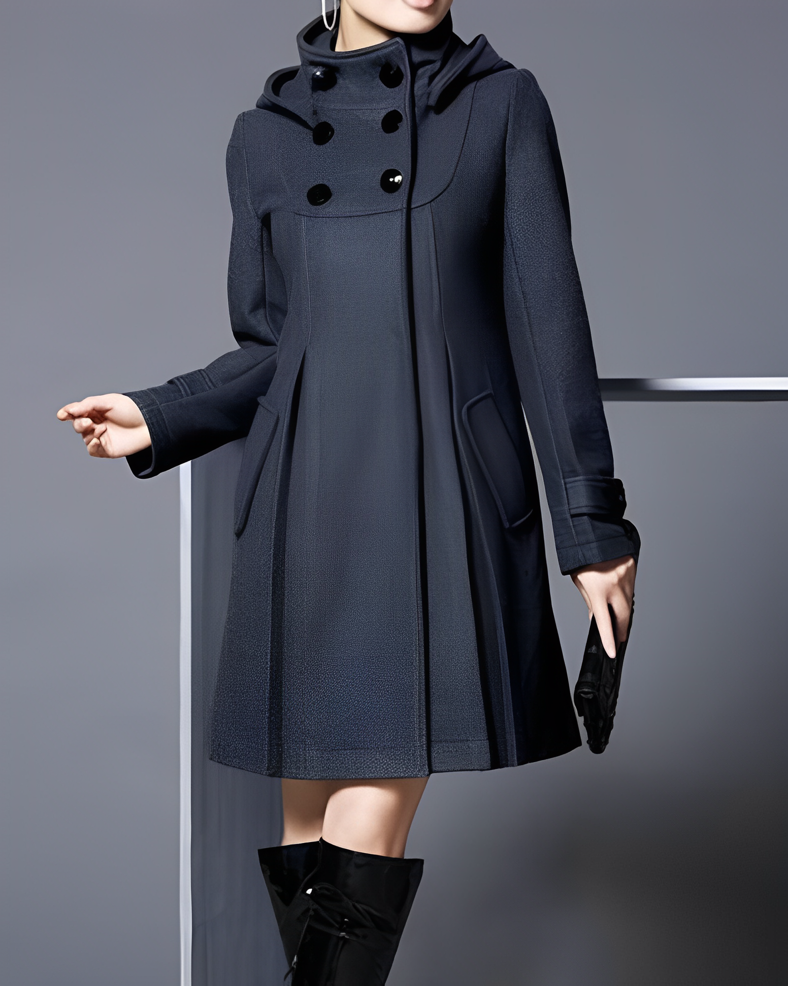Women's A-Line Winter Coat - Hooded Double-Breasted Trench Design