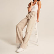 Women's Wide Leg Work Trousers - High-Waisted & Pleated