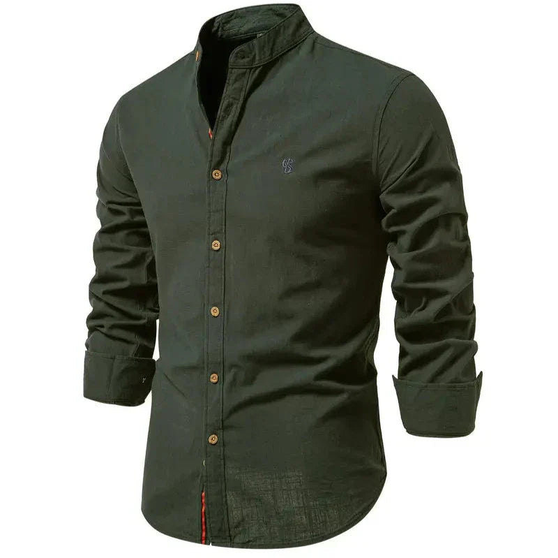 Men's Button-Down Shirt - Band Collar with Long Sleeves