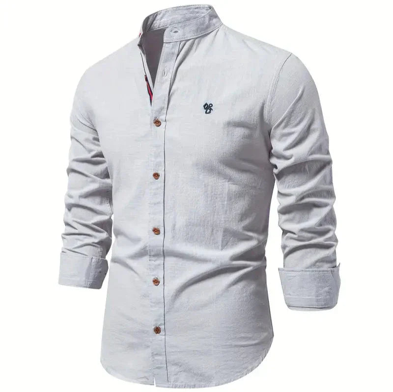 Men's Button-Down Shirt - Band Collar with Long Sleeves
