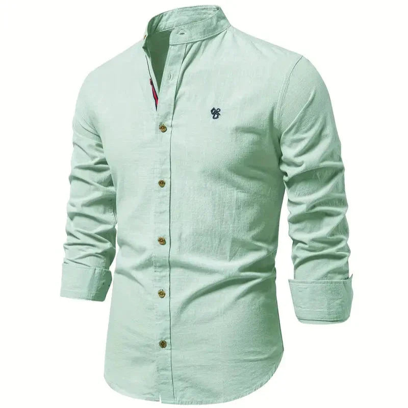 Men's Button-Down Shirt - Band Collar with Long Sleeves
