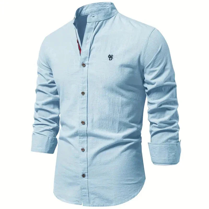 Men's Button-Down Shirt - Band Collar with Long Sleeves