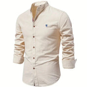 Men's Button-Down Shirt - Band Collar with Long Sleeves