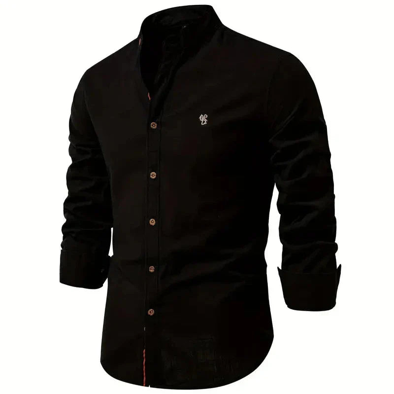 Men's Button-Down Shirt - Band Collar with Long Sleeves