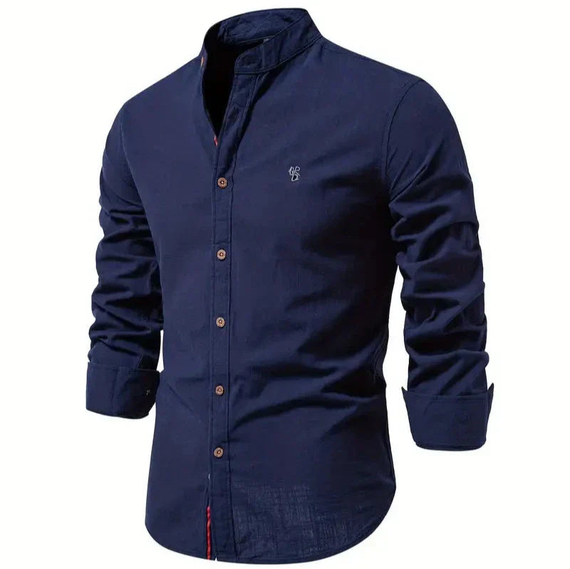 Men's Button-Down Shirt - Band Collar with Long Sleeves