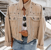 Women's Studded Bomber Jacket - Button Front with Distressed Trim