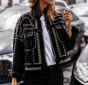Women's Studded Bomber Jacket - Button Front with Distressed Trim