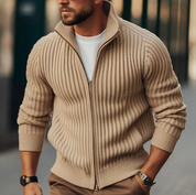 Men's High-Neck Knitted Cardigan - Ribbed Style