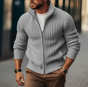 Men's High-Neck Knitted Cardigan - Ribbed Style
