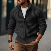 Men's High-Neck Knitted Cardigan - Ribbed Style
