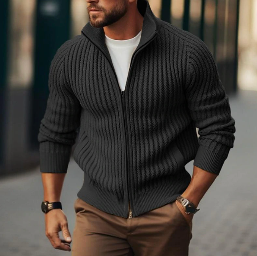 Men's High-Neck Knitted Cardigan - Ribbed Style