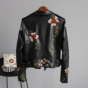 Women's Black Leather Jacket - Biker Style & Floral Embroidery with Studs