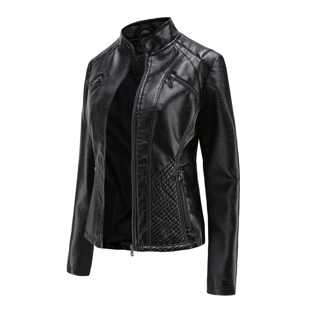 Women's Leather Jacket - Stand-Up Collar & Ribbed Details