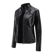 Women's Leather Jacket - Stand-Up Collar & Ribbed Details
