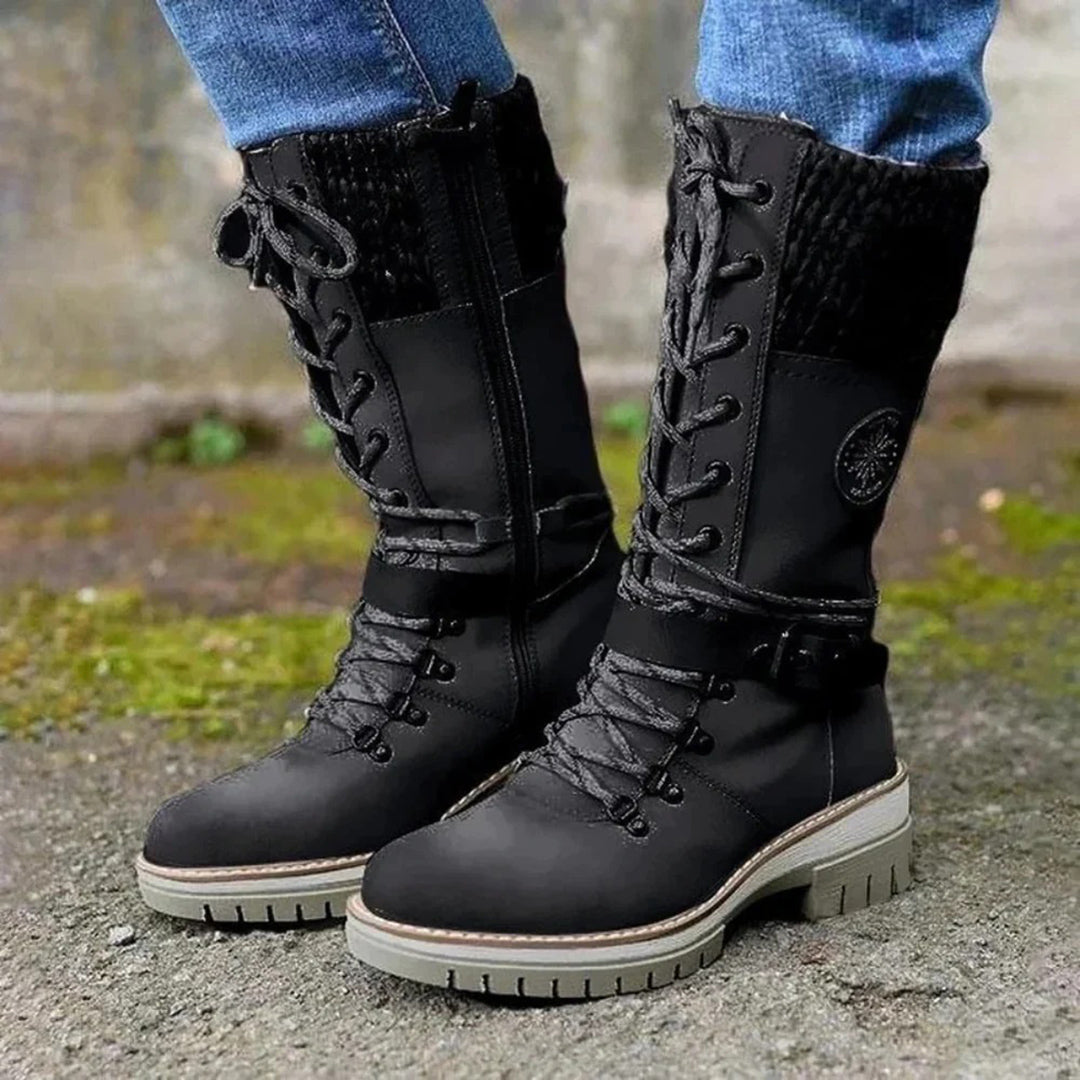 Women's Knee-High Boots - Lace-Up with Knit Cuff and Side Zip