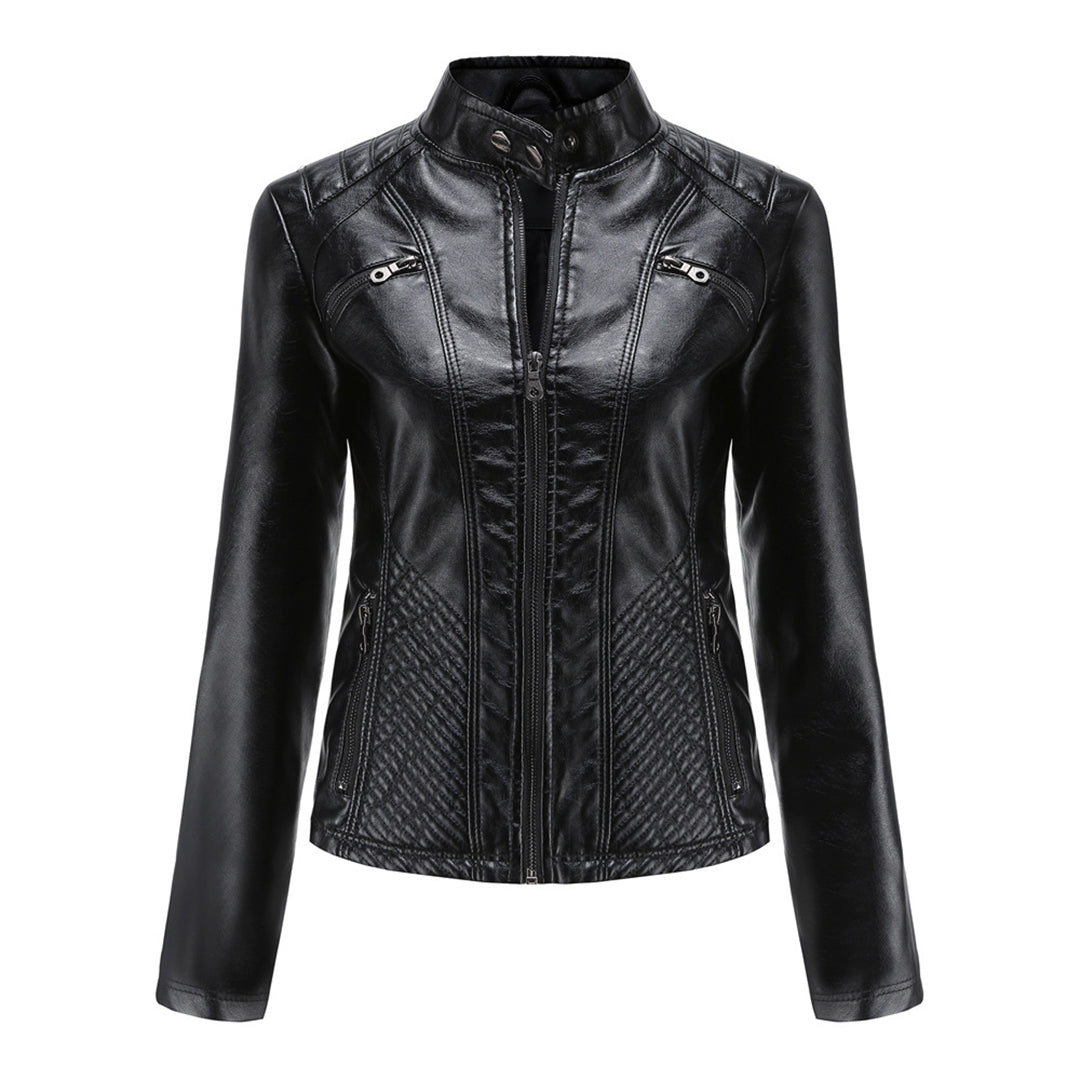 Women's Leather Jacket - Stand-Up Collar & Ribbed Details