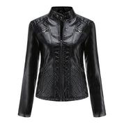 Women's Leather Jacket - Stand-Up Collar & Ribbed Details