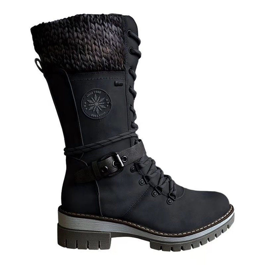 Women's Knee-High Boots - Lace-Up with Knit Cuff and Side Zip