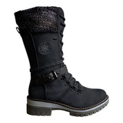 Women's Knee-High Boots - Lace-Up with Knit Cuff and Side Zip