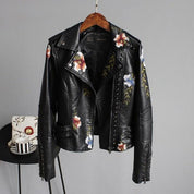 Women's Black Leather Jacket - Biker Style & Floral Embroidery with Studs