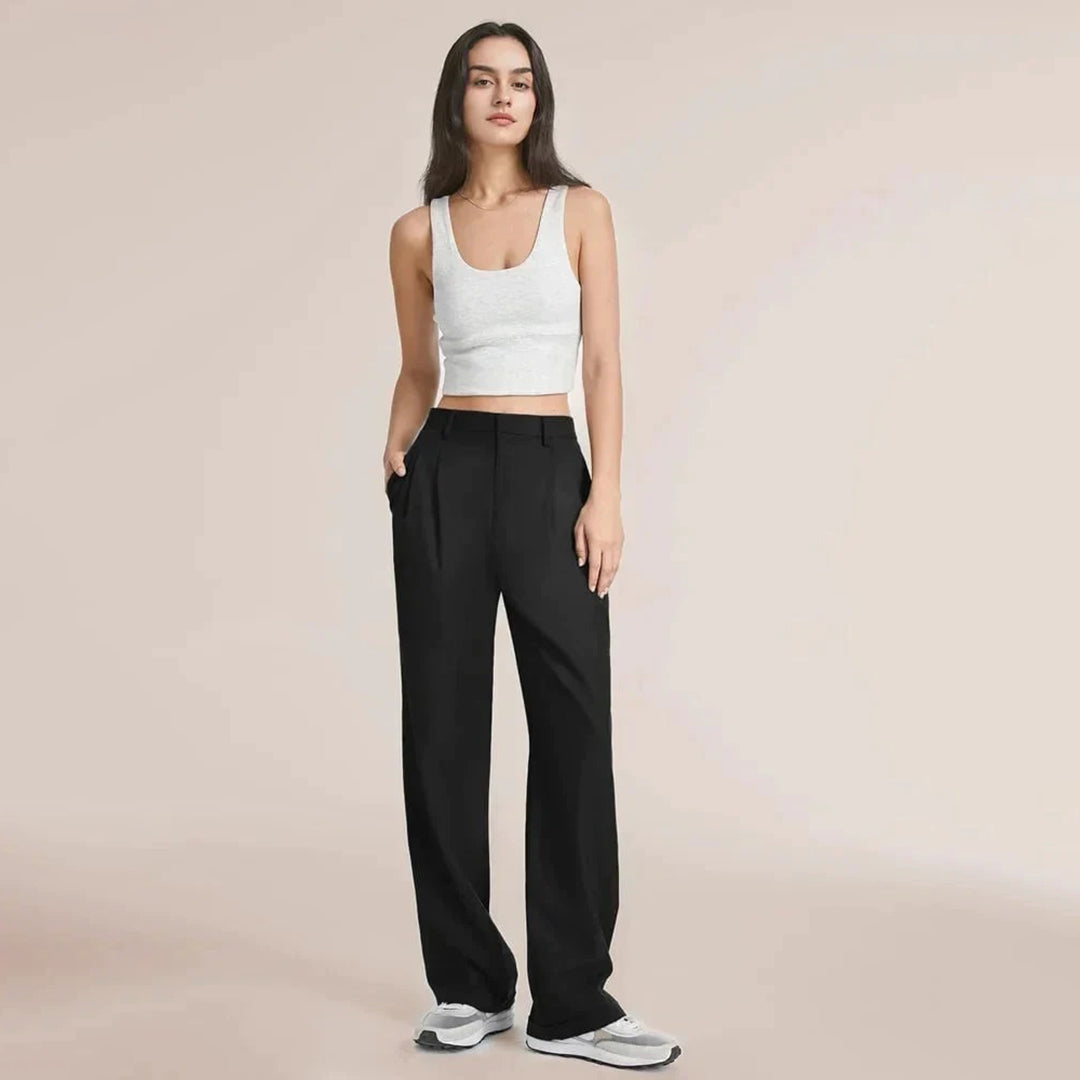 Women's Wide Leg Work Trousers - High-Waisted & Pleated