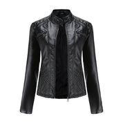 Women's Leather Jacket - Stand-Up Collar & Ribbed Details