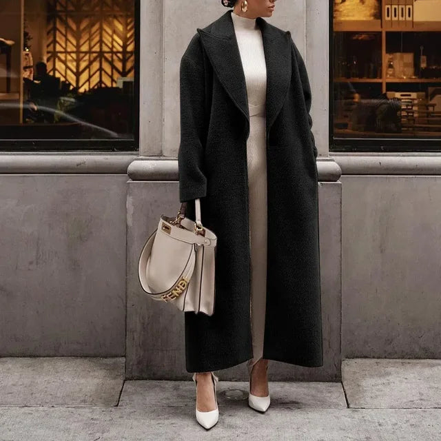 Women's Longline Coat - Oversized Lapel and Open Front Design