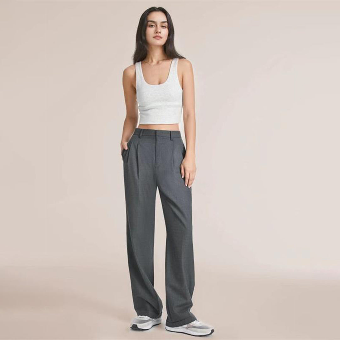 Women's Wide Leg Work Trousers - High-Waisted & Pleated