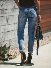 Women's Blue Slim-Fit Ripped Jeans - Button Fly & Rolled Hem