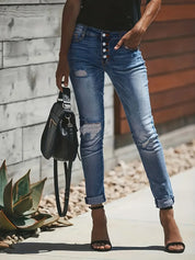 Women's Blue Slim-Fit Ripped Jeans - Button Fly & Rolled Hem