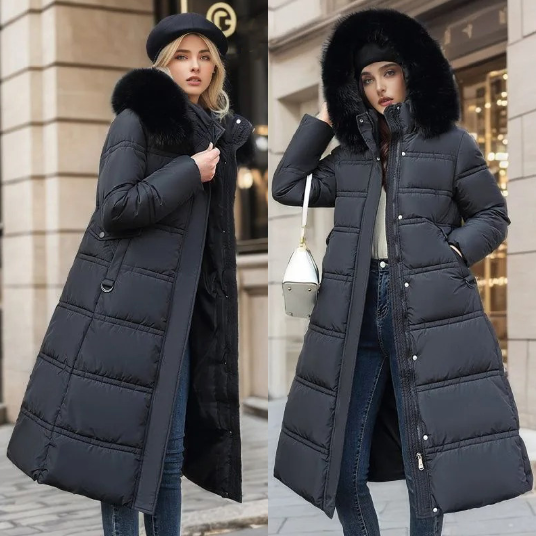 Women's Winter Padded Parka - Drawstring Waist and Detachable Fluffy Hood