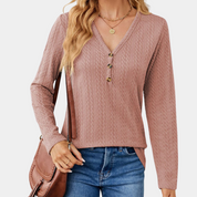 Women's Long Sleeve Top - Cable Knit & V-Neck