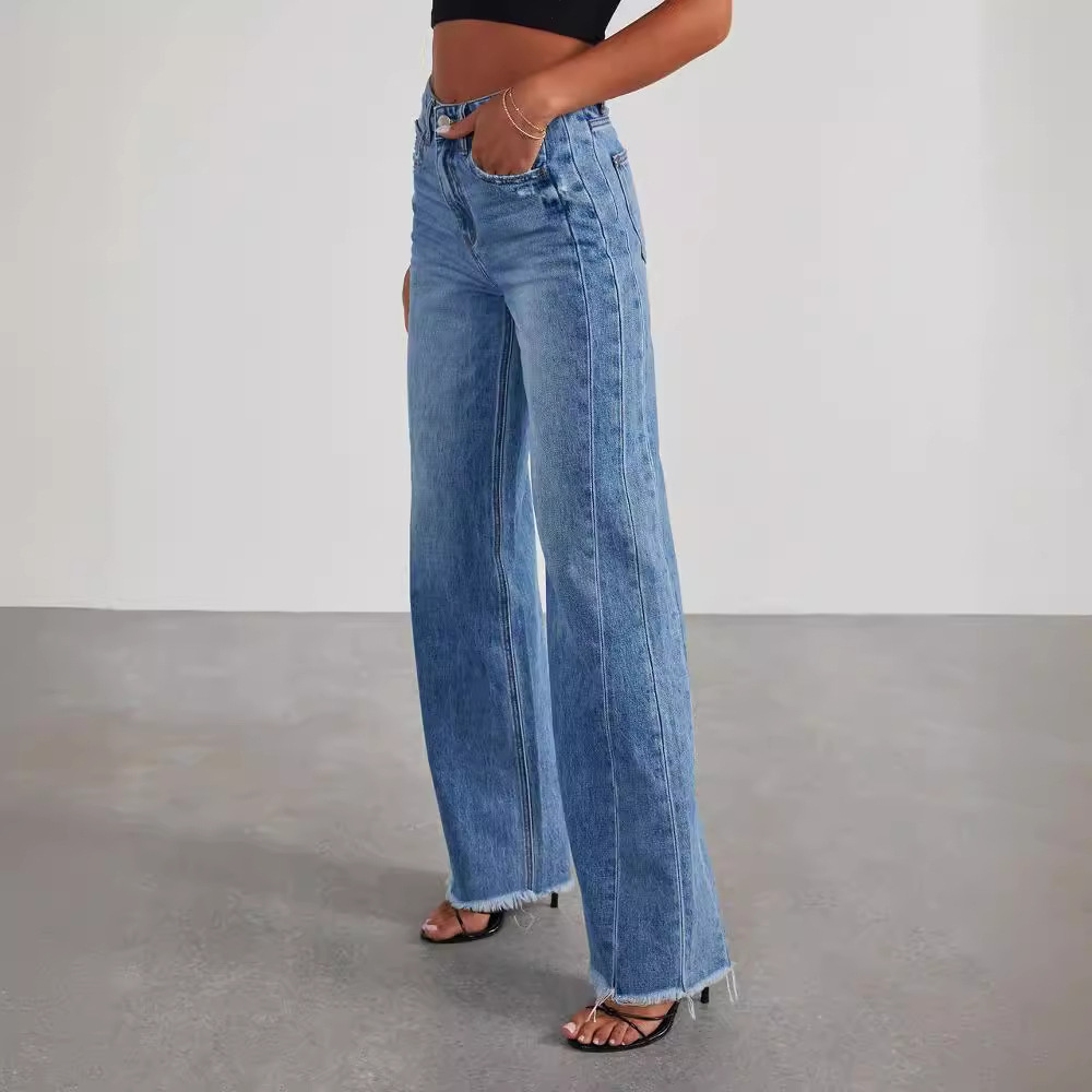 Women's High Waisted Blue Wide Leg Jeans - Distressed Hem