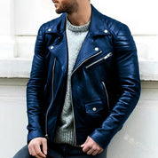 Men's Leather Jacket - Biker Style with Wide Lapel