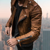 Men's Leather Jacket - Biker Style with Wide Lapel