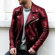 Men's Leather Jacket - Biker Style with Wide Lapel