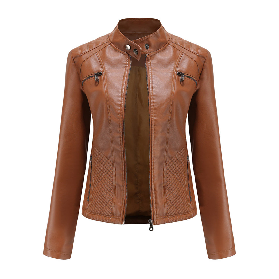 Women's Leather Jacket - Stand-Up Collar & Ribbed Details