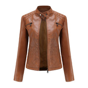 Women's Leather Jacket - Stand-Up Collar & Ribbed Details