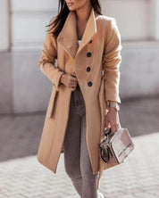 Women's Formal Winter Coat - Longline Double-Breasted with Waist Tie Design
