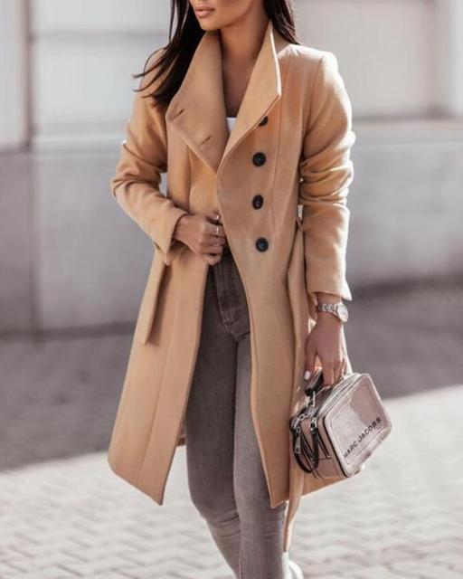 Women's Formal Winter Coat - Longline Double-Breasted with Waist Tie Design